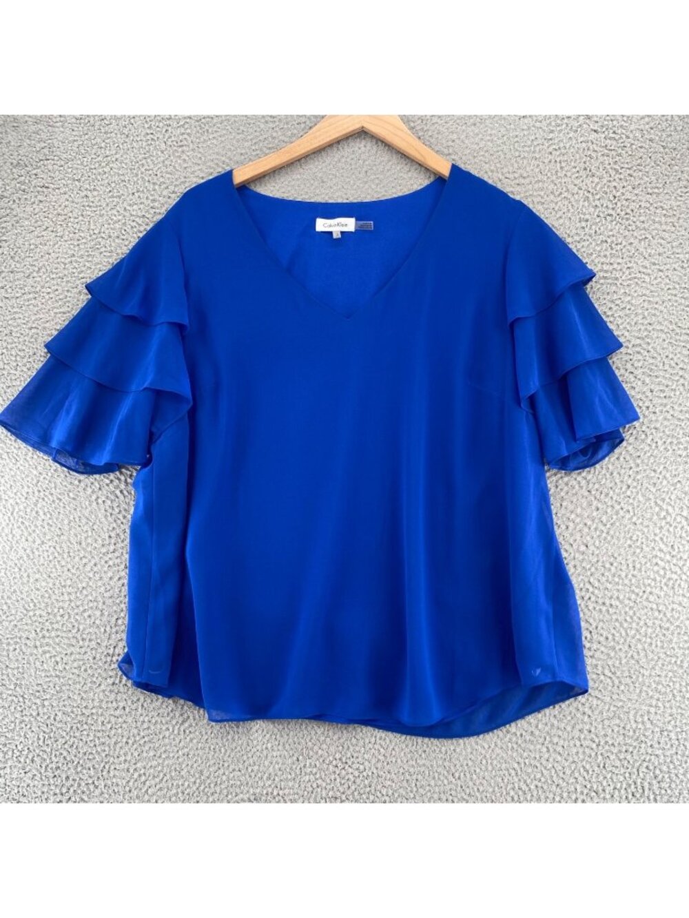 Calvin Klein Top Womens 1X Royal Blue Chiffon Blouse Short Tiered Flutter Sleeve